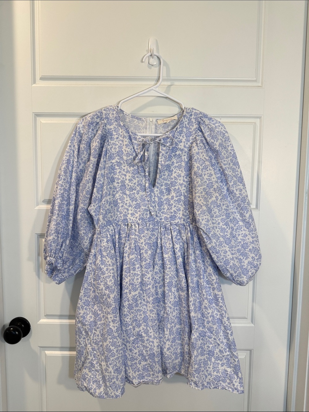 Fanco Blue Floral Puff Sleeve Mini Dress featuring a babydoll silhouette medium